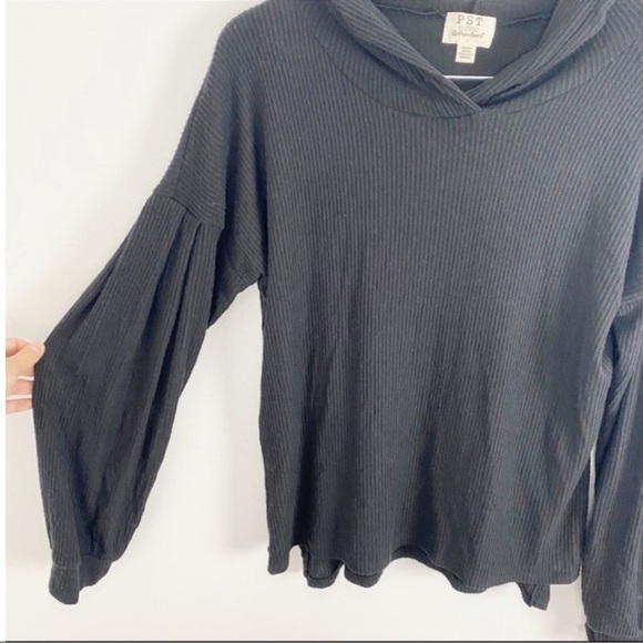 Project Social T Black Ribbed Balloon Dolman Sleeves Thin Knit Hoodie Top S New - Picture 3 of 8